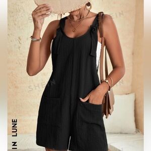 Rose Linen Overall Shorts Romper / Large